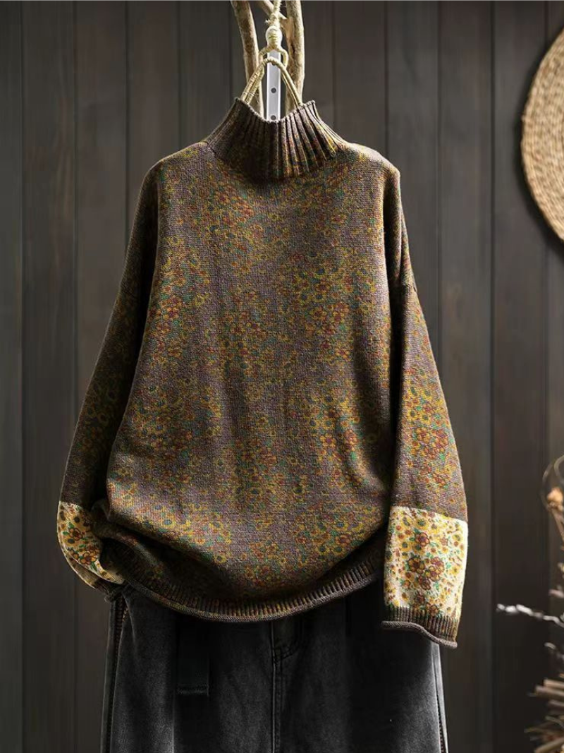 Women’s Floral Print Half Turtle Neck Knit Sweater