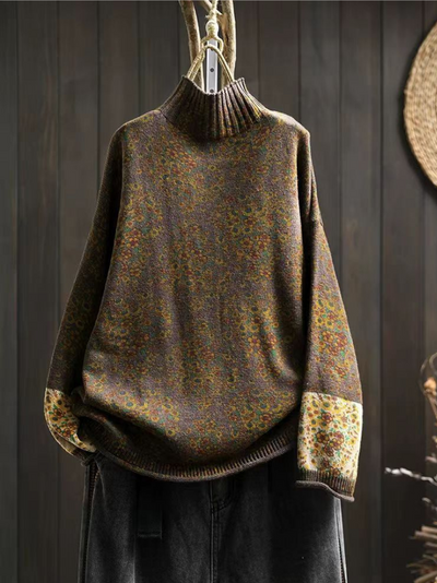 Women's Autumn and Winter Retro Half-Turtle Collar Printed Sweater