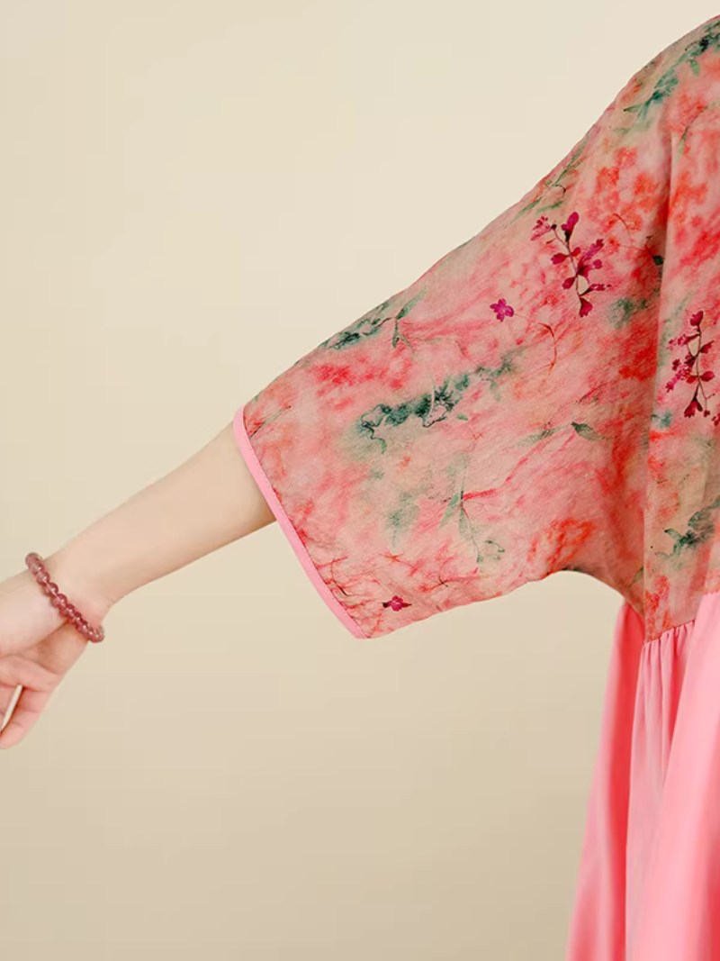Floral Kimono-Top V-Neck Maxi Dress in Viscose Blend Chic Silhouette