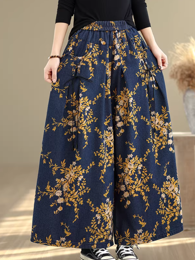 Floral Denim Cotton Palazzo Pants with Elastic Waist, Chic Wide-Leg Silhouette