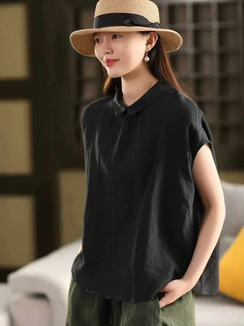Women’s Ramie Collar Shirt Top Loose Fit Casual Wear
