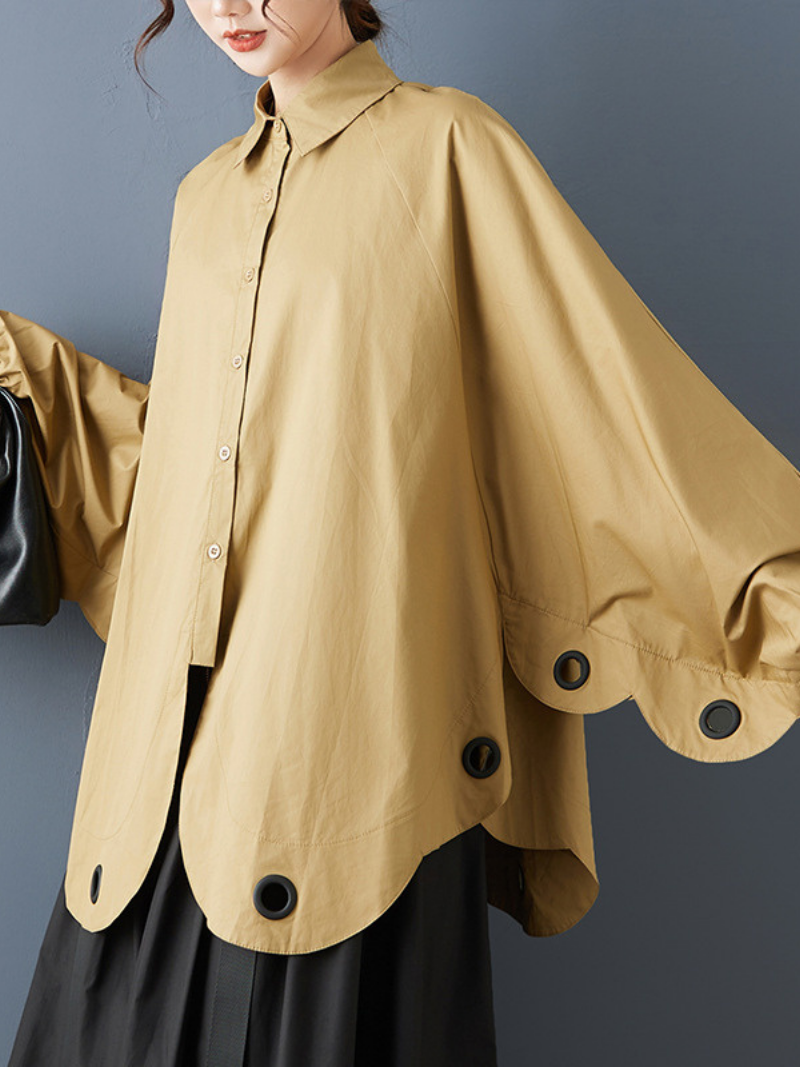 Sculpted Scallop Oversized Blouse in Yellow, Elegant Polyester Button-Down Shirt