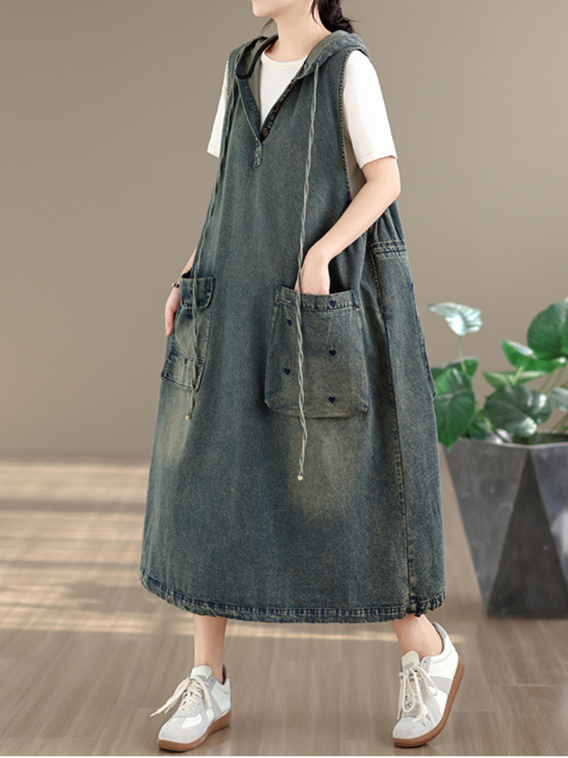 Hooded Denim Dress in Cotton, Pinafore Silhouette with Oversized Pockets