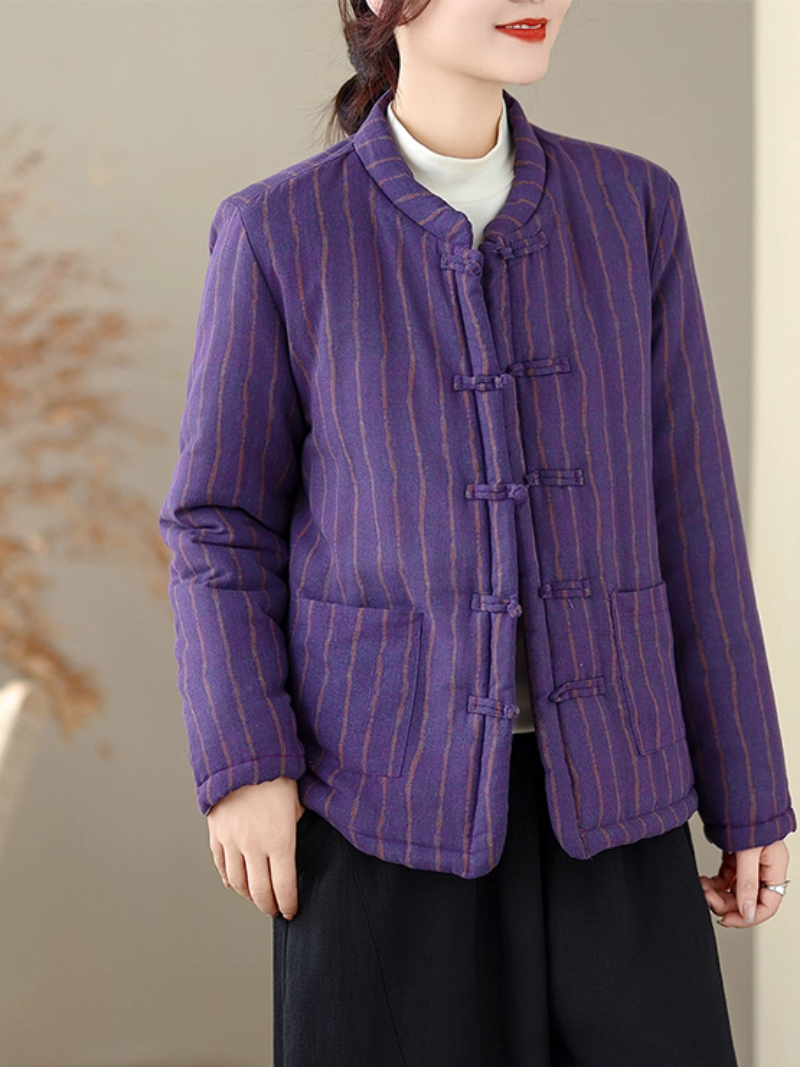 Heritage-inspired striped cotton jacket with mandarin collar, elegant women's outerwear
