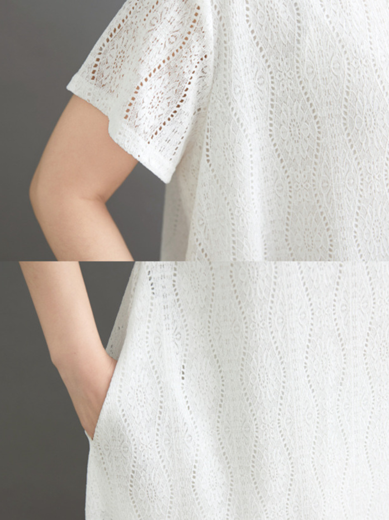 Lace-Scrolled A-Line Midi Dress with Pockets in Cotton Blend Elegance