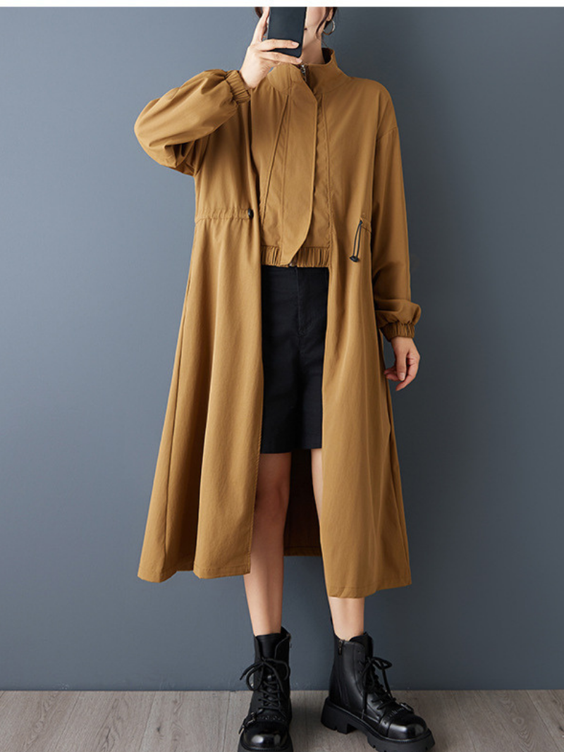 Minimalist Stand-Collar Drawstring Trench Coat, Oversized Longline Everyday Elegance