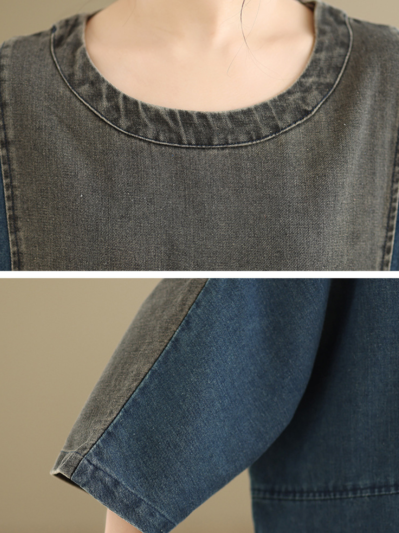 Artisanal Patchwork Denim Dress with Oversized Pockets, Relaxed Cocoon Fit