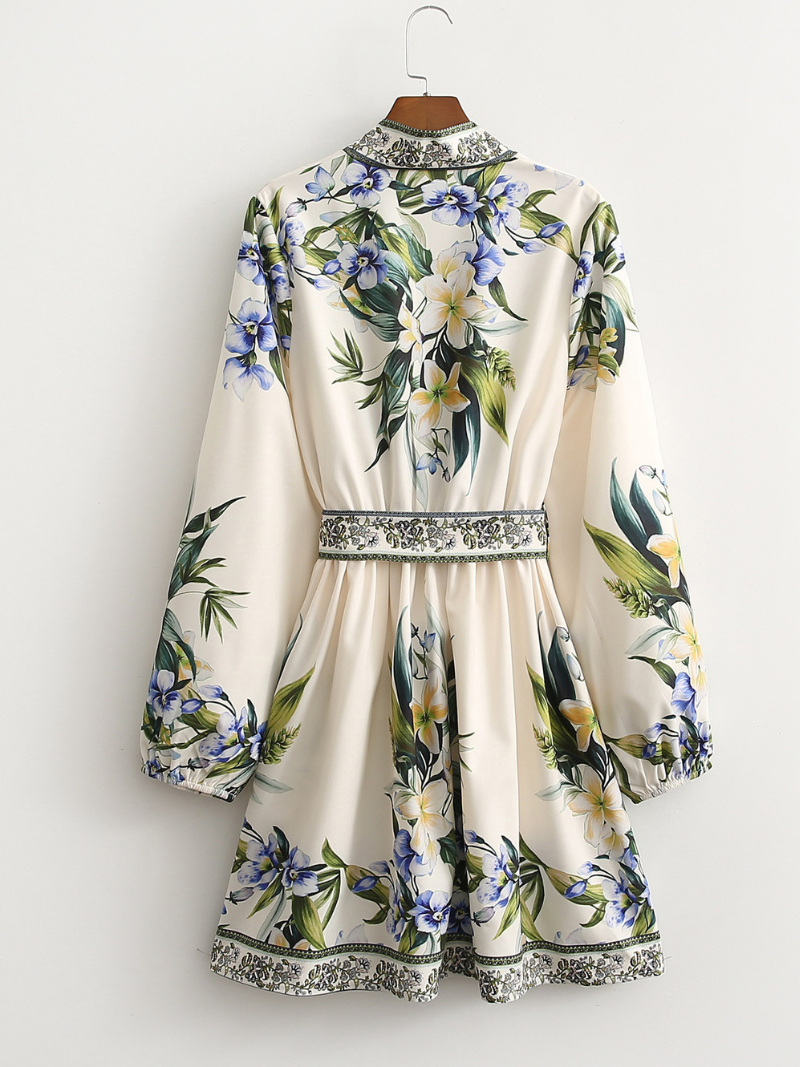 Robe de chemise de ceinture de taille à fleurs imprimées modernes pour femmes