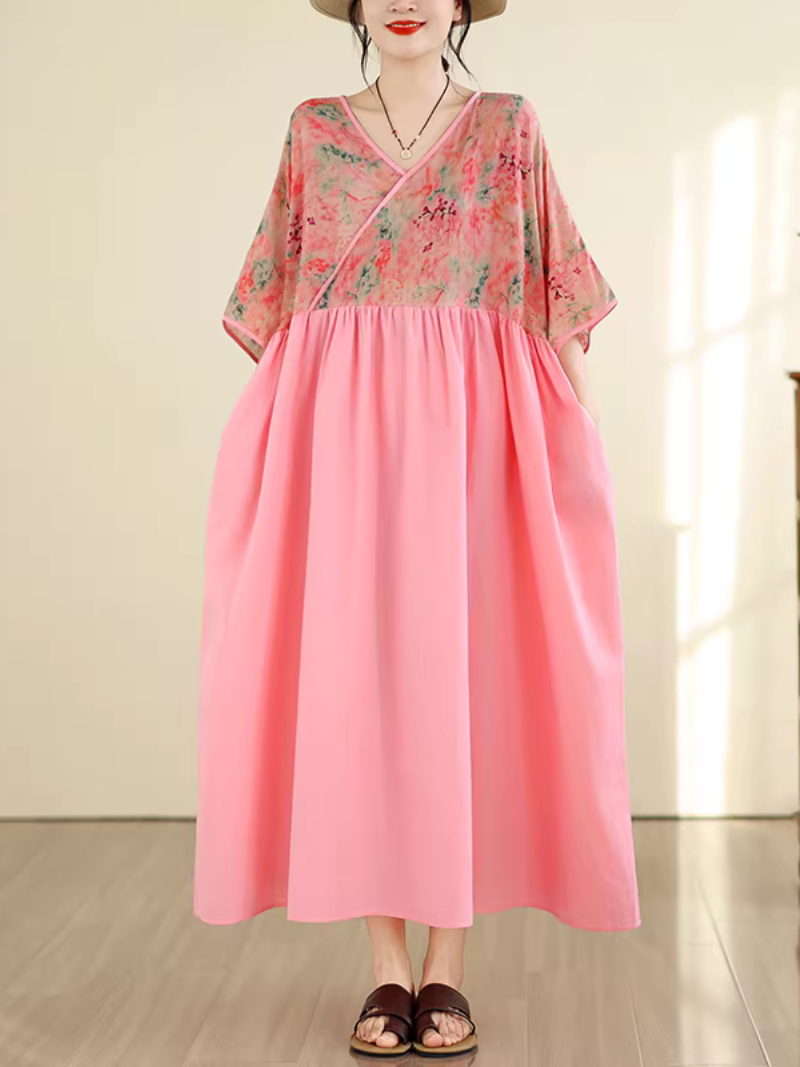 Floral Kimono-Top V-Neck Maxi Dress in Viscose Blend Chic Silhouette