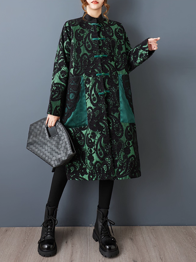 Artisanal Jacquard Flocking Overcoat with Mandarin Collar and Frog Closures