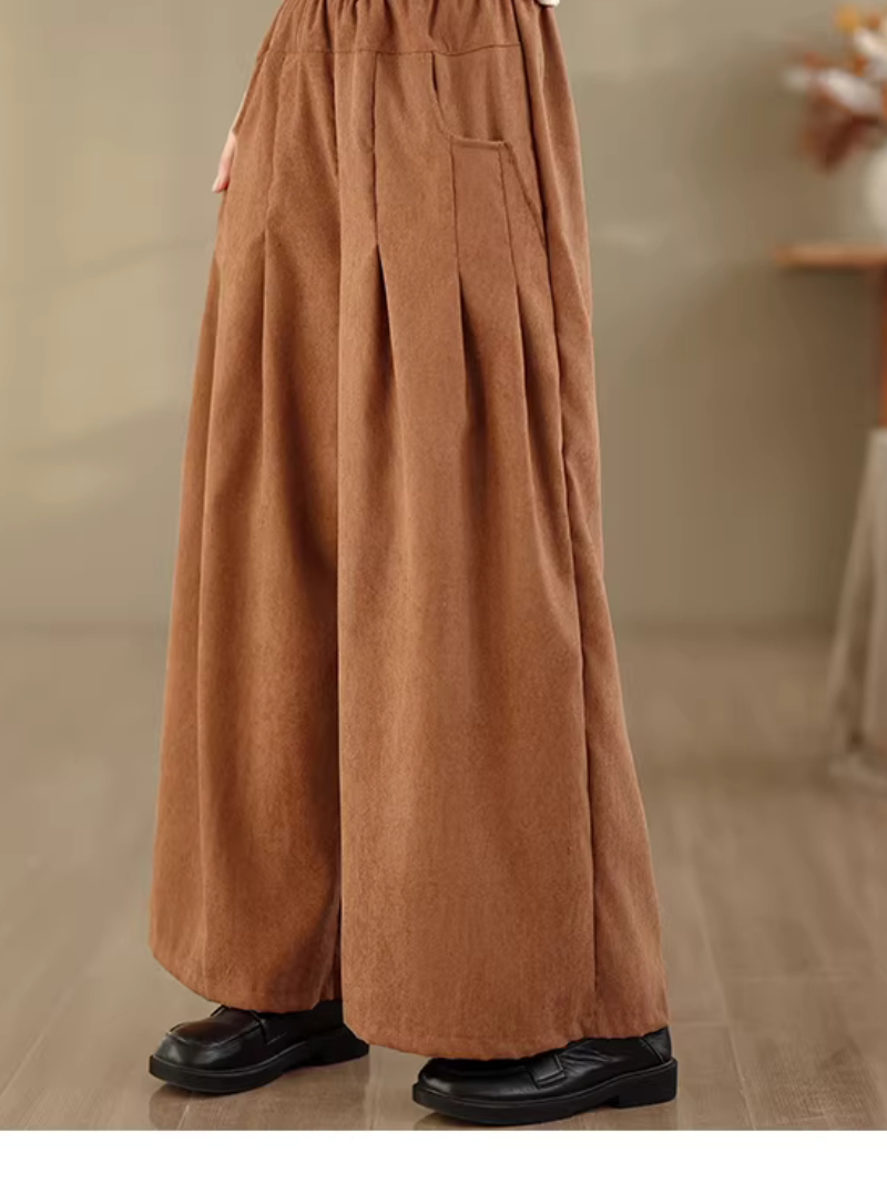 Chic Relaxed Corduroy Wide-Leg Pants with Pockets and Elastic Waist
