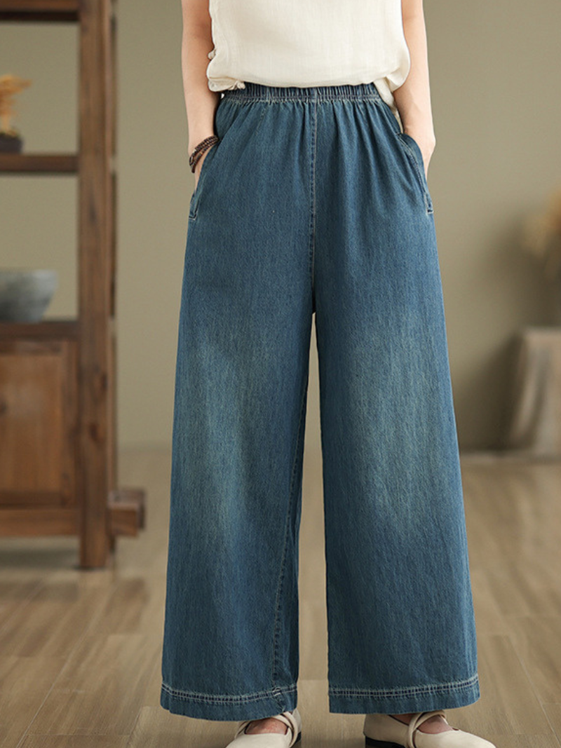 Fluid Wide-Leg Denim Cotton Pants with Elastic Waist and Pockets