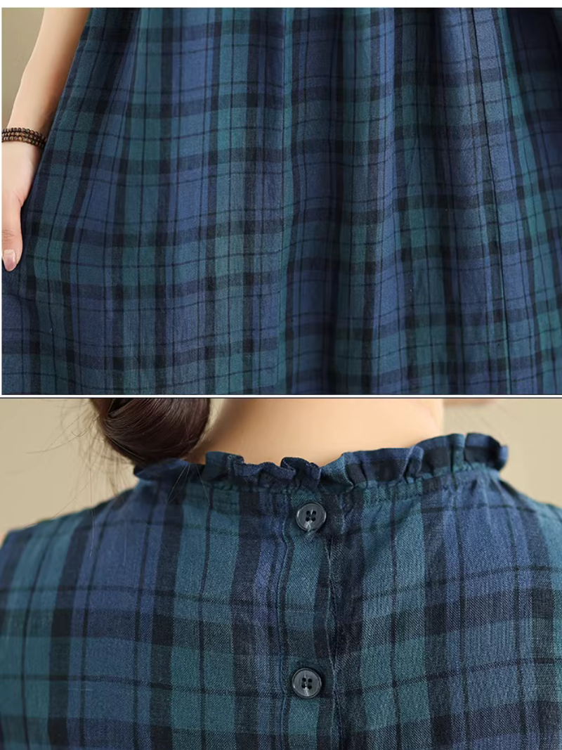 Sleeveless Plaid Maxi Dress in Airy Cotton Linen Blend Elegance