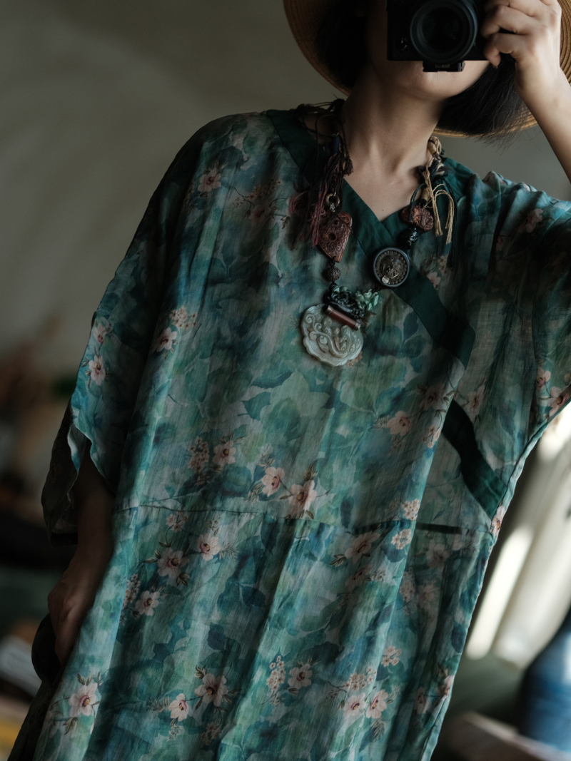 Artisanal Floral Ramie Kaftan Dress with Flowing Kimono Sleeves