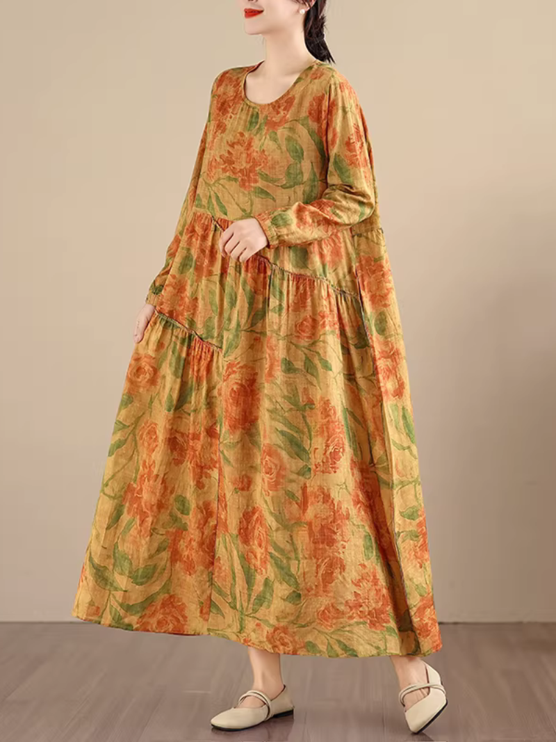 Artful Floral Tiered Maxi Dress in Airy Cotton&Flax for Everyday Elegance