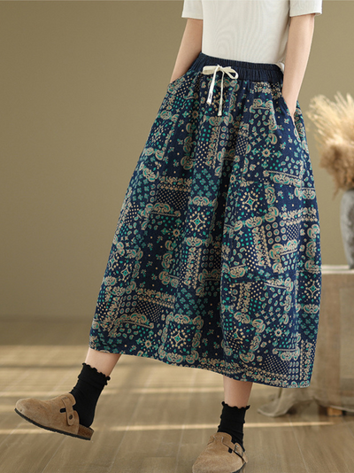 Women's Casual Loose Waist  Flower Bud Retro Side Pocket Skirt