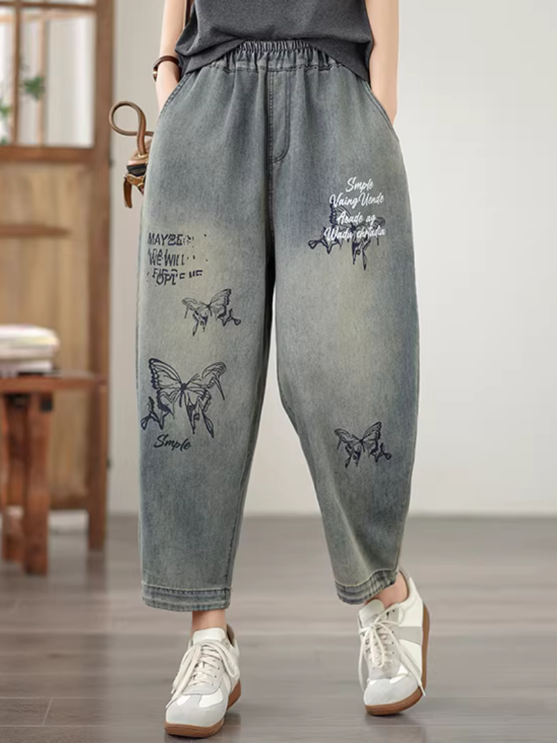 Artsy Butterfly Print Relaxed Denim Pants with Elastic Waist Cropped Hem