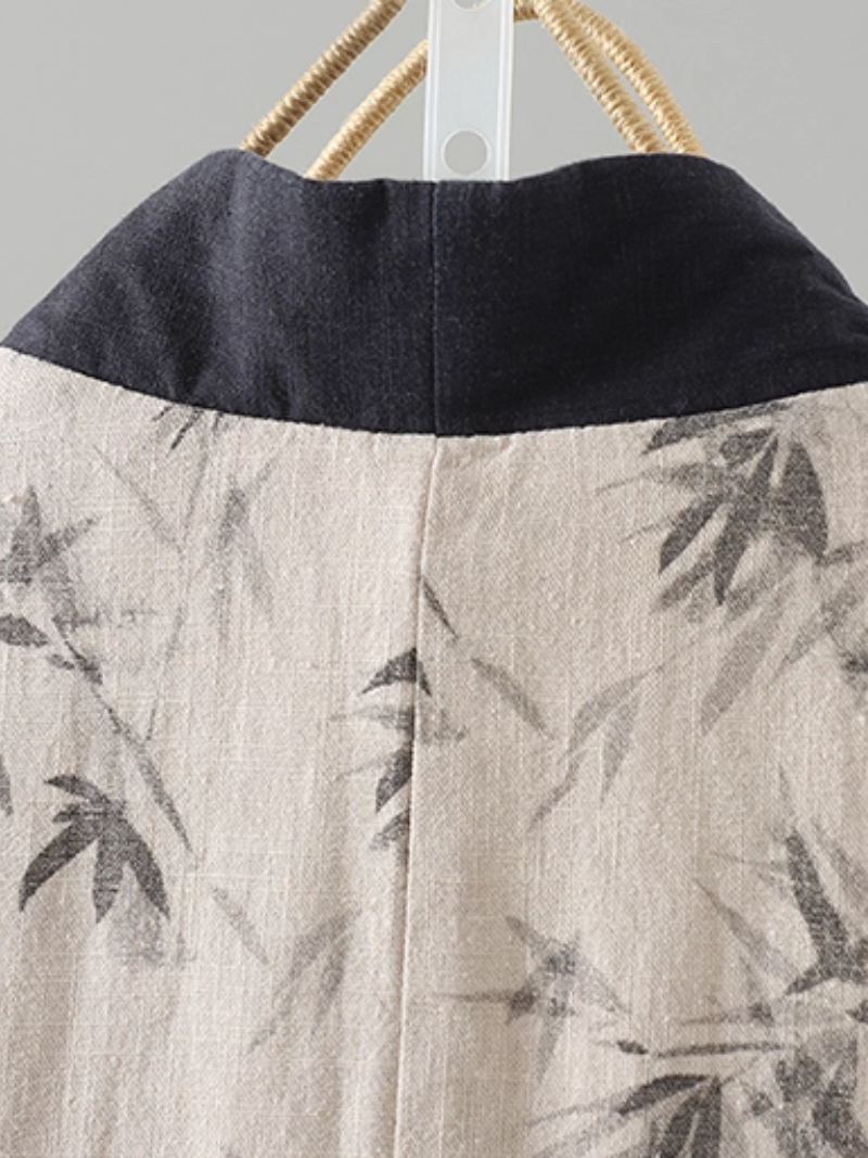 Bamboo Print Cotton-Linen Kimono Jacket with Contrast Trim and Tie
