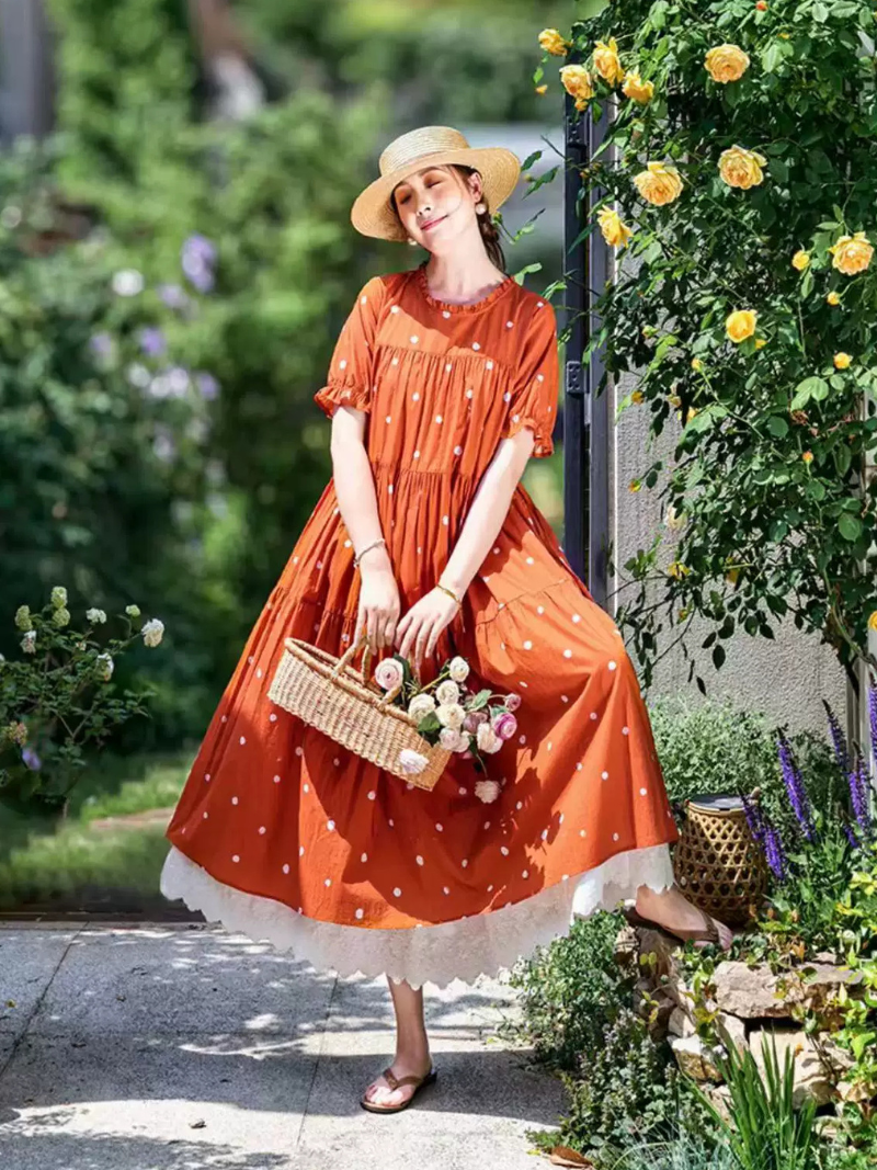 Cottage Garden Polka Dot Cotton Dress with Scalloped Lace Hem