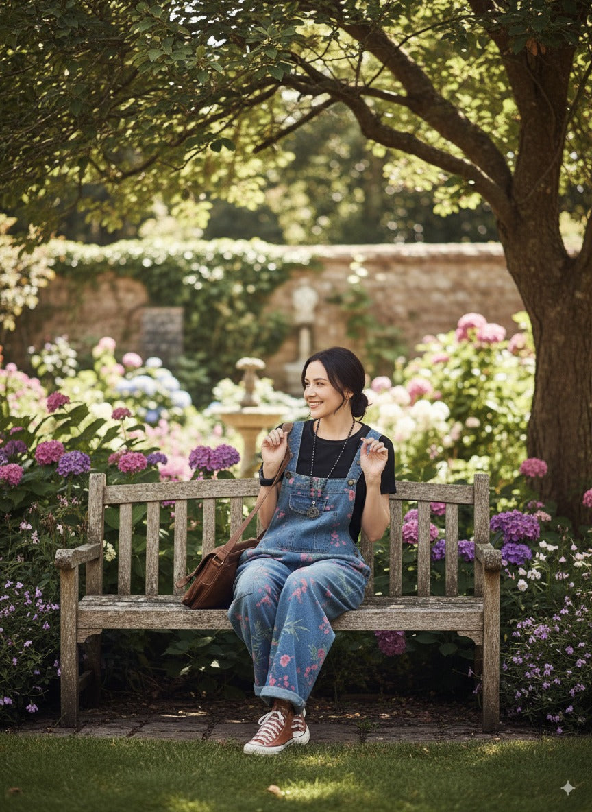 Vintage floral denim dungarees for women – plus size casual overalls with wide leg fit and pockets