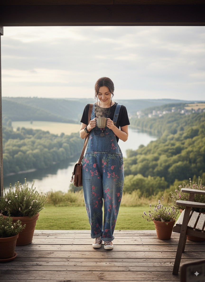 "Women’s plus size vintage dungarees – floral denim overalls for everyday boho chic style"