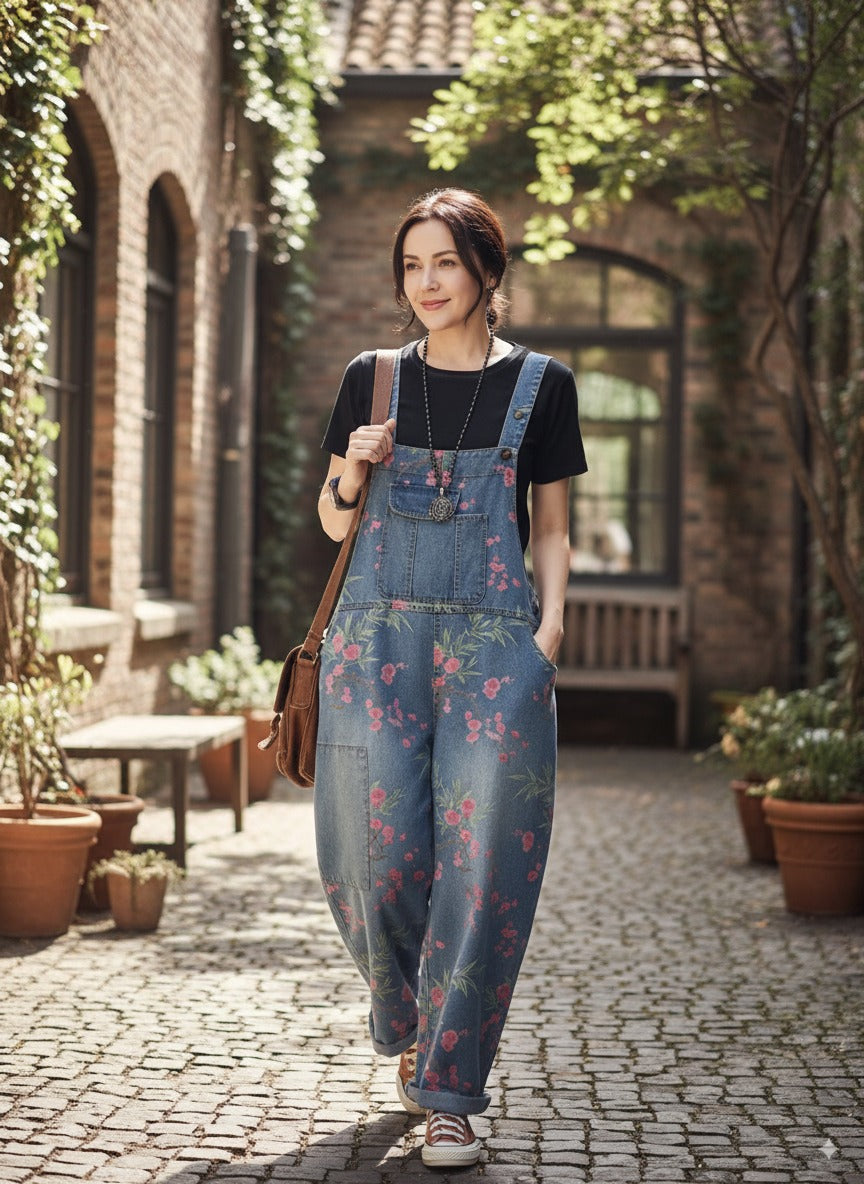 Boho style women’s dungarees – retro floral denim overalls, comfortable plus size jumpsuit
