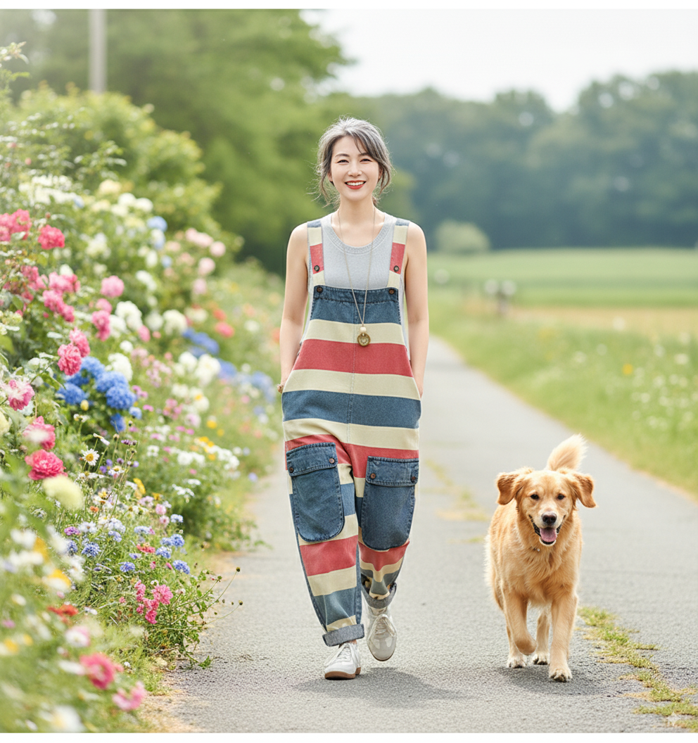 Women’s casual striped denim dungarees
