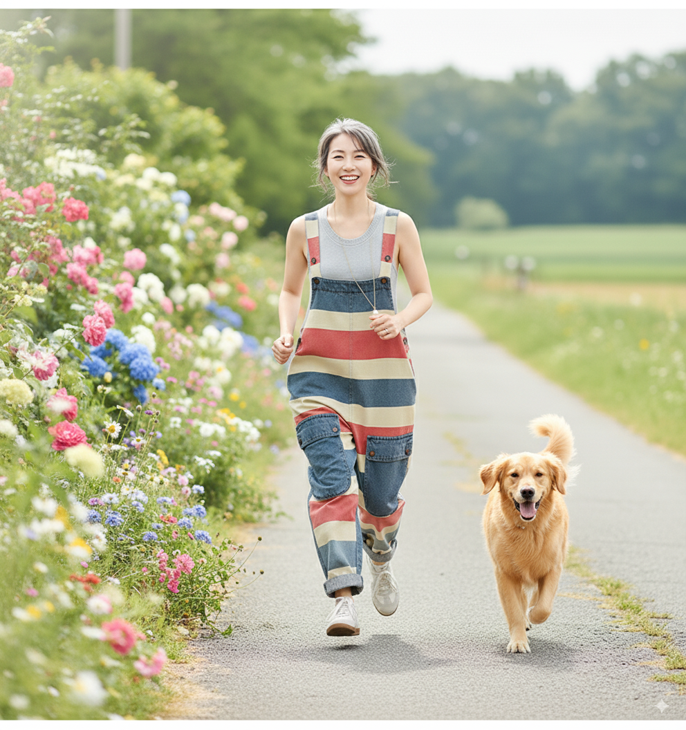 Women’s casual striped denim dungarees with oversized front pockets