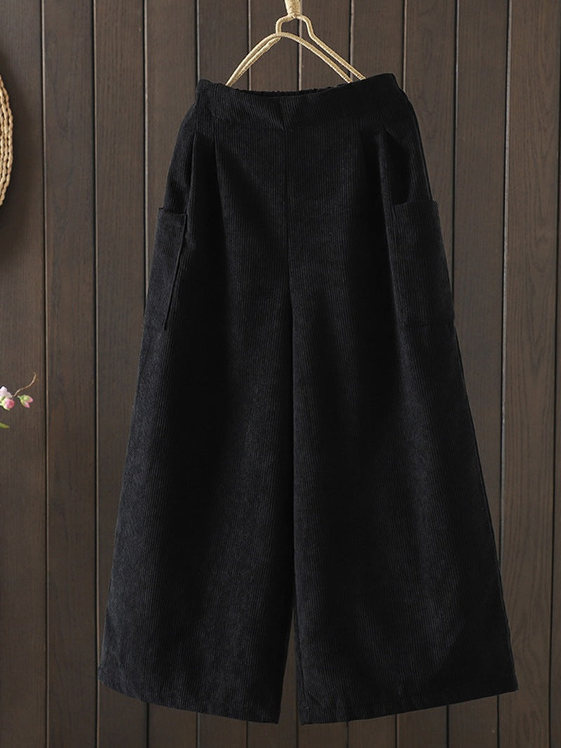 High Waist Fleece Lined Corduroy Wide Leg Pants for Women
