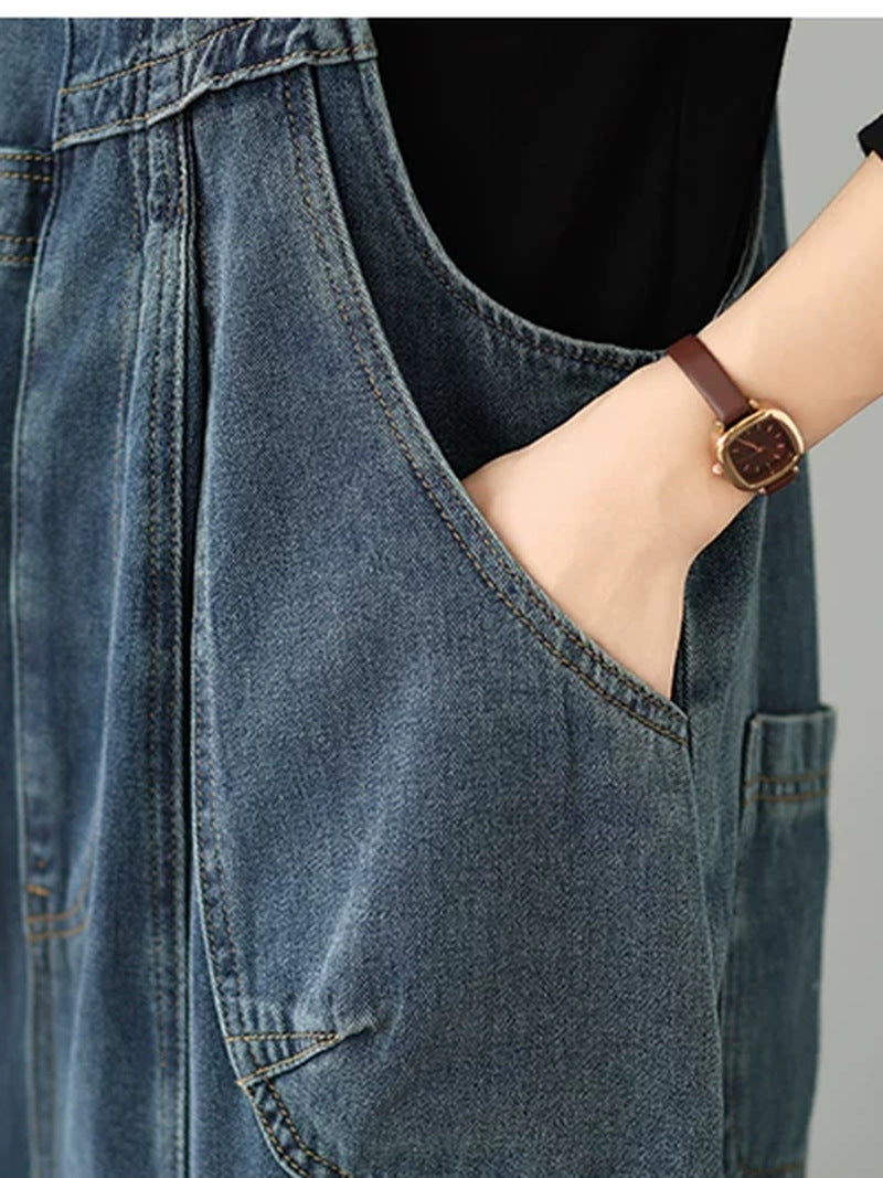 Retro Loose Fit Denim Overalls for Women | Plus Size High-Waisted Dungaree