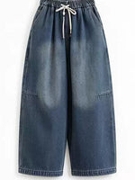 Retro Distressed Fleece Lined Wide Leg Jeans for Women | Winter Denim