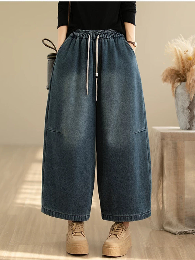 Retro Drawstring Wide Leg Jeans for Women | Loose Winter Denim