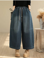 Retro Drawstring Wide Leg Jeans for Women | Loose Winter Denim