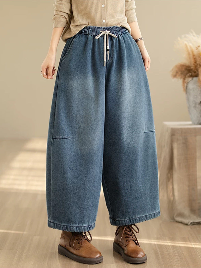 Retro Distressed Fleece Lined Wide Leg Jeans for Women | Winter Denim