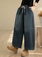Retro Distressed Fleece Lined Wide Leg Jeans for Women | Winter Denim