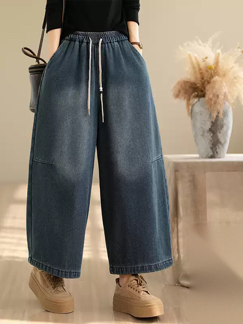 Retro Distressed Fleece Lined Wide Leg Jeans for Women | Winter Denim