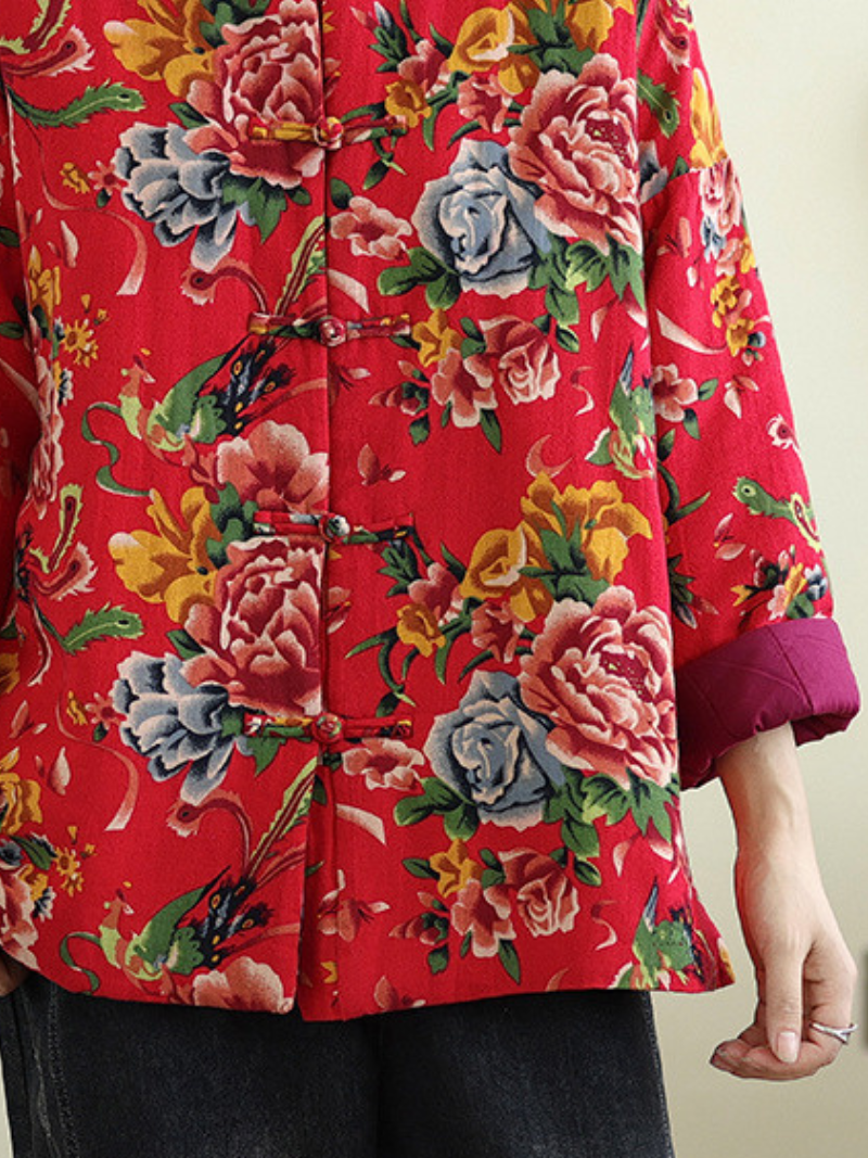 Mandarin-Collar Floral Jacket in Cotton&Flax, Elegant Heritage Layer for Evenings