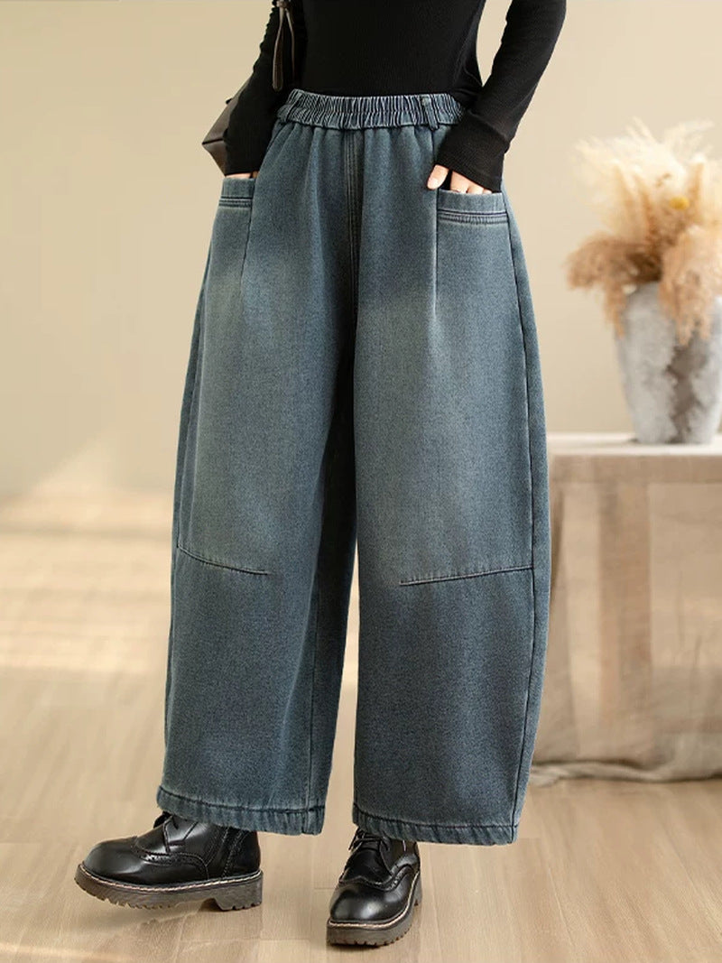Retro Distressed Fleece Lined Wide Leg Jeans for Women | Winter Denim
