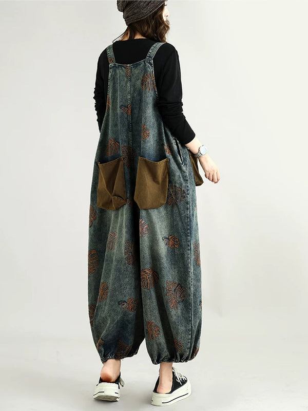 Retro Embroidered Reversible Denim Overalls for Women