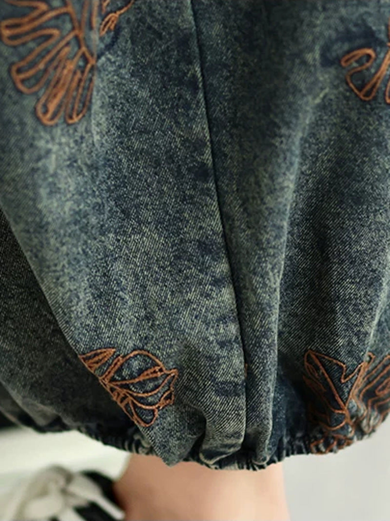 Retro Embroidered Reversible Denim Overalls for Women