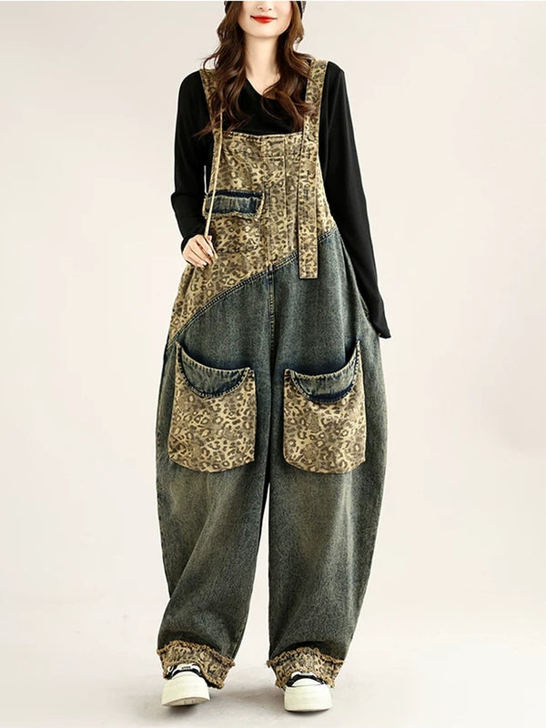 Wild Weekend Leopard Patchwork Denim Overalls
