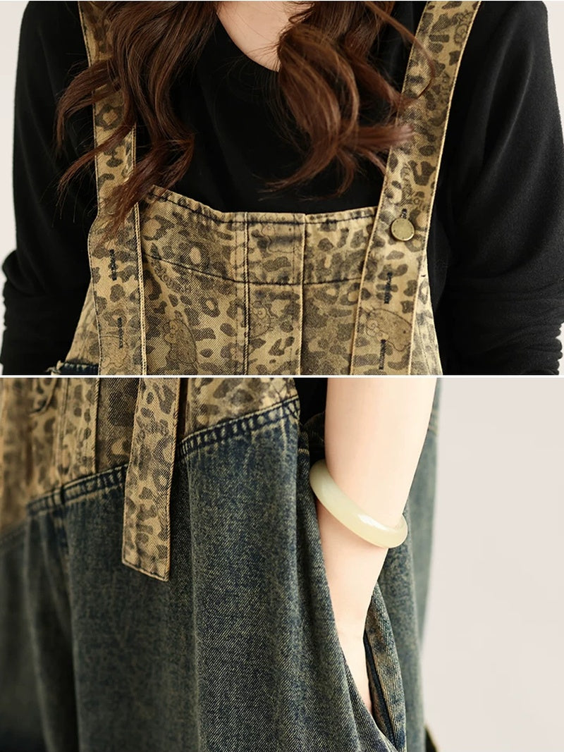 Wild Weekend Leopard Patchwork Denim Overalls