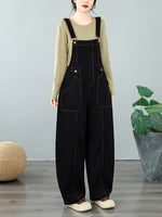 Women's black wide-leg denim overalls 