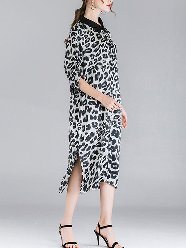 Ivy vintage contraste com lapela pescoço estampa de animal abotoado com cinto midi vestido
