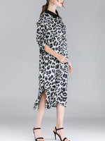Ivy vintage contraste com lapela pescoço estampa de animal abotoado com cinto midi vestido