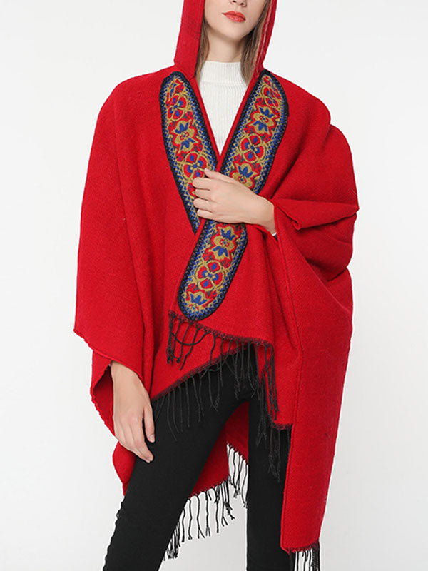 Cardigã de xale vermelho de emenda com encapuzado