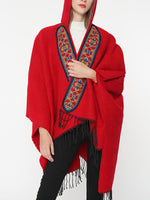Cardigã de xale vermelho de emenda com encapuzado