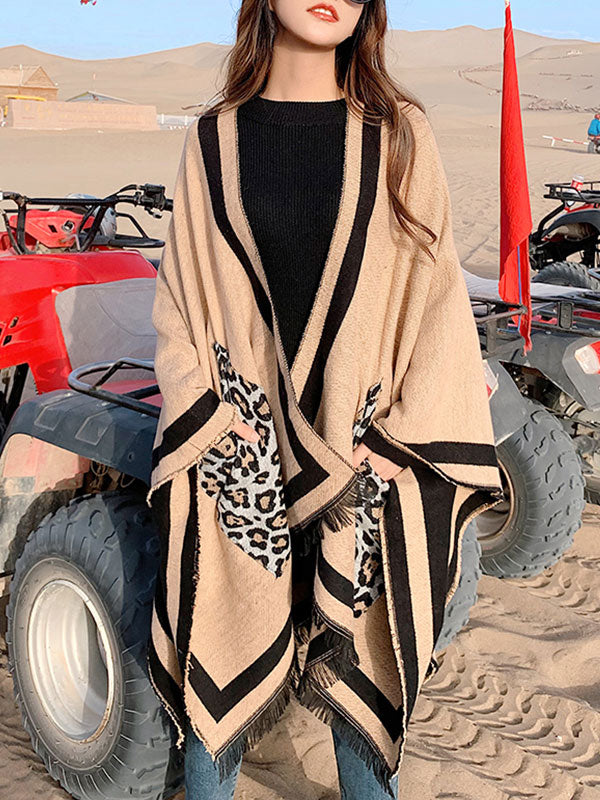 Cardigan de châle patchée de poche léopard