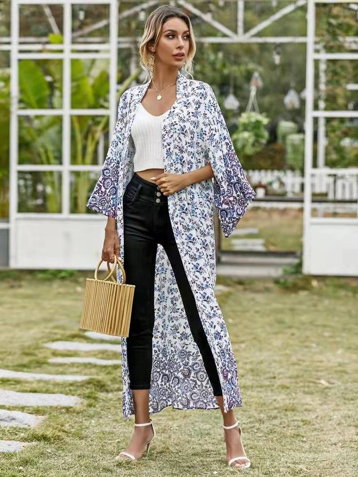 Evatrends cotton gown robe printed kimonos, Outerwear, Cotton, Nightwear, long kimono, long Sleeves, loose fitting, floral print, Belted