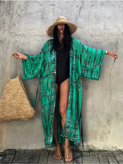 Evatrends cotton gown robe printed kimonos, Outerwear, Rayon 100（%）, Nightwear, long kimono, Board Sleeves, Different colors, loose fitting, Tie-Dye Print